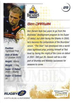 2003 Kryptyx The Defenders Australian Rugby Union #29 Ben Darwin Back
